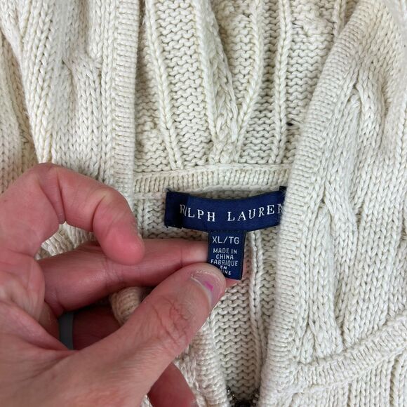 Vtg Ralph Lauren Cable Knit Hooded Full Zip Cream Women's XL Jacket *Read - Picture 4 of 12